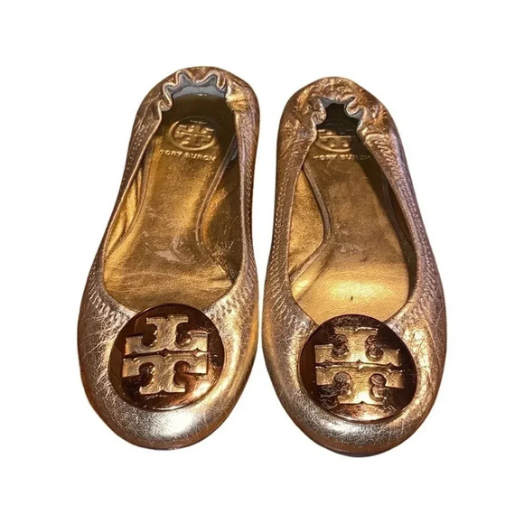 Tory Burch Reva Metallic Crackled Ballerina Gold Flat Size 4.5 - Picture 2 of 8